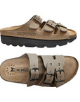Top and side view of taupe Mephisto Zach Footbed Sandal, featuring premium suede and anatomically shaped footbed.