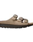 Taupe suede Mephisto Zach Footbed Sandal with triple adjustable straps and soft footbed for stylish everyday wear.