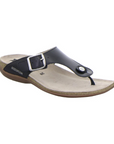 Women's Mephisto Alinda Thong Footbed Sandals in black leather with SOFT-AIR Technology and adjustable strap for stylish cushioned support.