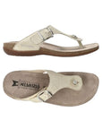 Top and side views of beige Mephisto Alinda women's thong sandals with ergonomic footbed and shock-absorbing sole for all-day comfort.