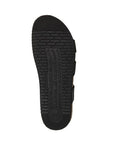 Outsole view of black Mephisto Hannel women's sandal highlighting the durable, slip-resistant tread pattern for enhanced grip and stability.