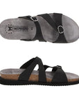 Top and side views of black Mephisto Hannel women's sandal showing ergonomic footbed and supportive SOFT-AIR midsole for all-day comfort.