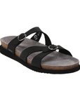Women's Mephisto Hannel supportive sandal in black with SOFT-AIR technology and chrome-free leather upper. Features two adjustable buckle straps.