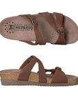 Top and side views of brown Mephisto Hannel women's sandal featuring ergonomic footbed and shock-absorbing SOFT-AIR midsole for superior support.
