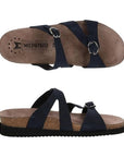 Top and side views of navy Mephisto Hannel sandal for women, showcasing ergonomic design and SOFT-AIR midsole for cushioned, all-day comfort.
