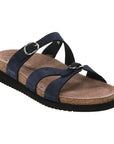 Women's Mephisto Hannel supportive sandal in navy with SOFT-AIR technology and cork footbed. Features chrome-free leather and adjustable straps.