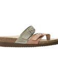 Side view of Women's Mephisto Happy Thong Sandal in two-tone suede with SOFT-AIR footbed and cork midsole for all-day wear.