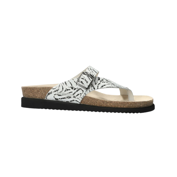 Women's Mephisto Helen Thong Footbed Sandal in black and white zebra print with Soft-Air tech and adjustable strap for a bold look and comfort.