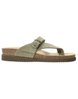 Women's Mephisto Helen Thong Footbed Sandal in olive green suede with ergonomic cork footbed and adjustable strap for a secure fit.