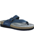 Thong Footbed Sandal in navy leather with black buckle strap, grey Mephisto logo'd suede lined cork footbed and black flat outsole.