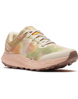 Women's Merrell Antora 4 Bliss Sneaker in pastel camo with cushioned sole and recycled mesh upper, ideal for trail running and outdoor wear.