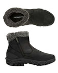 Side and top view of Women's Merrell Coldpack 3 Waterproof Hiking Boots showing inner fleece lining and side zipper for easy slip-on use.
