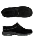 Top and side view of black Merrell Encore Ice 5 Clog for women, showcasing waterproof suede and soft sheepskin lining for cold-weather use.
