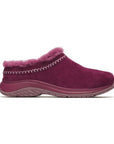 Women's Merrell Encore Ice 5 Clog in dark cherry suede and slip-resistant outsole.