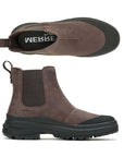 Side and top view of Women's Merrell Harper Pull On WP Boot showing slip-on design, cushioned midsole, and rugged outsole for winter wear.