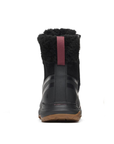 A black winter boot shown from the back, with a fluffy black faux-fur collar, a vertical burgundy pull tab, and a dark brown outsole.