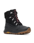 A single black winter hiking boot with a fuzzy black collar, burgundy laces, silver metal eyelets, and a brown Vibram outsole.