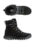 Black leather Mid Zip Boot with black accents, dark grey knit cuff, hiker laces and a rugged Vibram outsole.