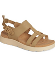 Women's Merrell Fleur Backstrap Sandal in beige with adjustable straps and cushioned sole, ideal for casual summer wear and outdoor comfort.