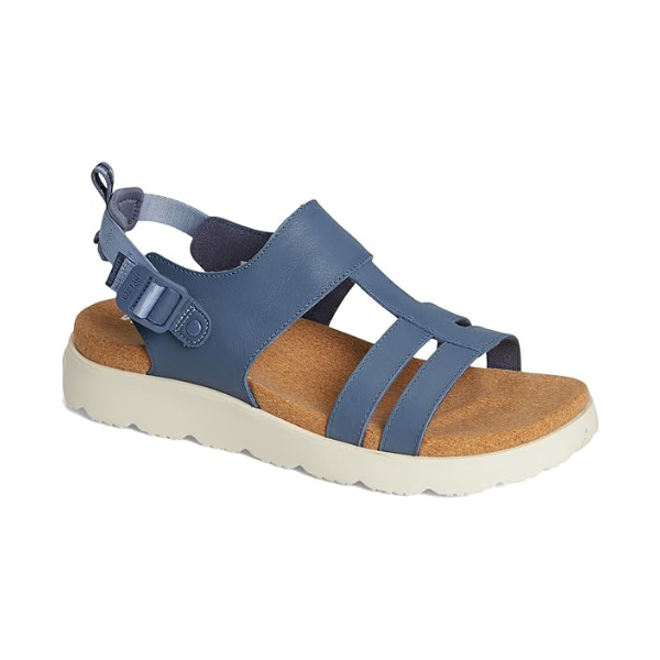 Women's Merrell Fleur Backstrap Sandal in navy blue featuring a supportive backstrap and contoured footbed, perfect for all-day walking comfort.