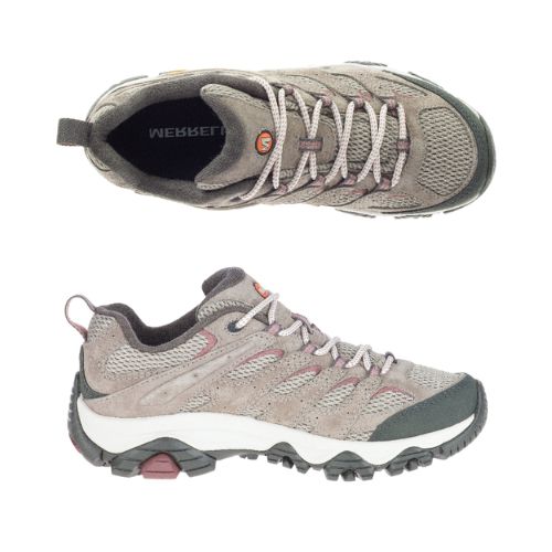 Top and side views of Women's Merrell Moab 3 sneaker showing lace-up design, cushioned midsole, and durable mesh-suede upper.