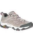 Women's Merrell Moab 3 sneaker in taupe suede with breathable mesh and Vibram outsole, ideal for hiking and outdoor wear.