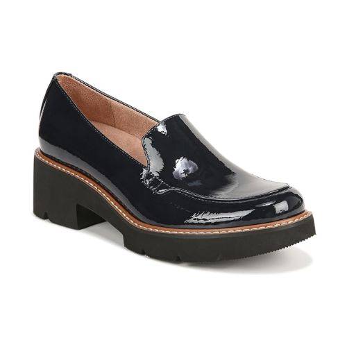 Women's Naturalizer Darry Loafer in glossy black patent leather with a slip-on silhouette and thick lug sole for added height.