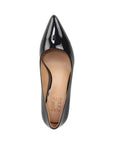 Top view of the Women's Naturalizer Everly Pump showcasing the glossy black patent leather finish and cushioned insole for all-day comfort.