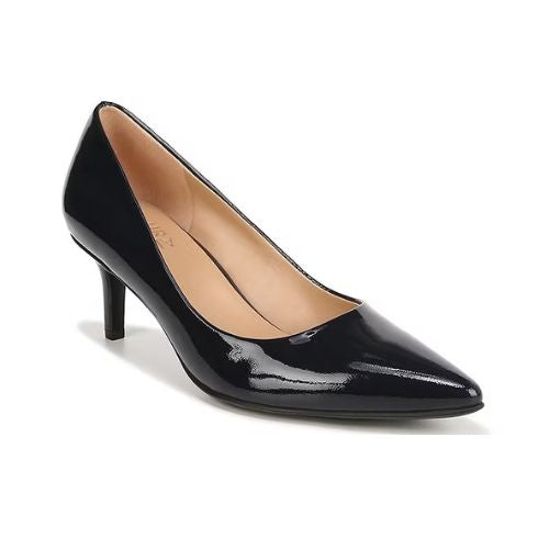 Women's Naturalizer Everly Pump in black genuine patent leather with a sleek pointed toe and mid-height heel, ideal for formal or office wear.