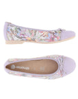 Top and side views of Women's Remonte D0K04 Ballet Leather Flat showing floral design and bow detail, ideal for casual comfort.