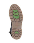 Ice gripping sole of black Remonte D0B80 boot with green traction pads, built for stability on slippery winter terrain.