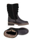 Black Remonte D0B80 winter boot showing inner zipper and warm faux fur lining, designed for comfort and cold weather protection.