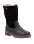 Women's Remonte D0B80 mid-calf winter boot in black with leather and suede construction, ideal for cold weather and stylish wear.