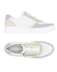 Top and side views of Women's Remonte D0J01 lace-up sneaker showing soft leather panels, flexible sole, and stylish color blocking.