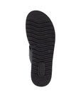 Black wave patterned tread of sandal with Remonte logo stamped on heel.