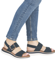 Navy backstrap sandals worn with blue jeans.