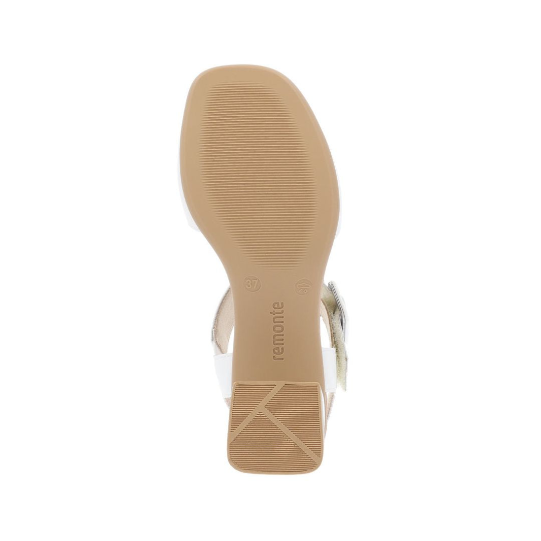 Outsole view of Women's Remonte D1K51 leather sling-back heel showing textured grip and Remonte branding for stability and comfort.