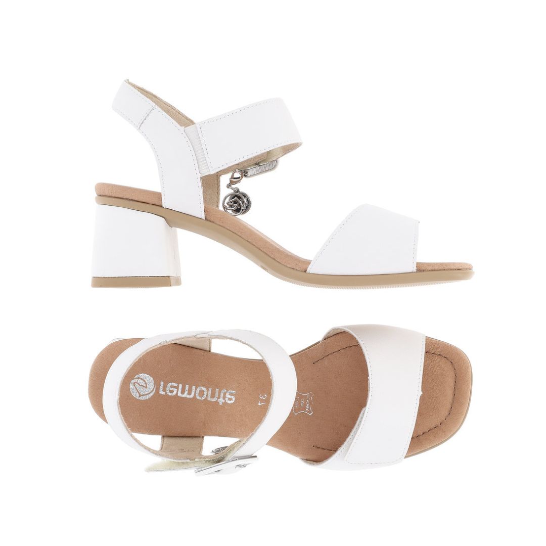 Top and side views of Women's Remonte D1K51 sling-back heel sandals showcasing cushioned insole and modern square toe design.