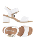 Top and side views of Women's Remonte D1K51 sling-back heel sandals showcasing cushioned insole and modern square toe design.
