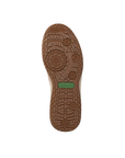 Tan outsole with deep geometric pattern tread and green Remonte logo in the middle.