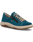 A teal suede sneaker with a side zipper, beige laces, grey accent stitching, cream midsole, and a brown tan outsole.
