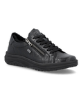 A black leather sneaker with a side zipper, black laces, fur lining and black treaded outsole.