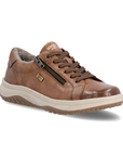A brown leather sneaker with a side zipper, brown laces, cream-colored midsole, fur lining and tan treaded outsole.