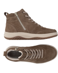 Pair of tan suede high-top sneakers with beige laces, inside zipper, white accent stitching, a thick white midsole, and a tan outsole.