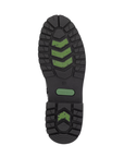Black treaded outsole with green grip sections and green Remonte logo stamped in middle.