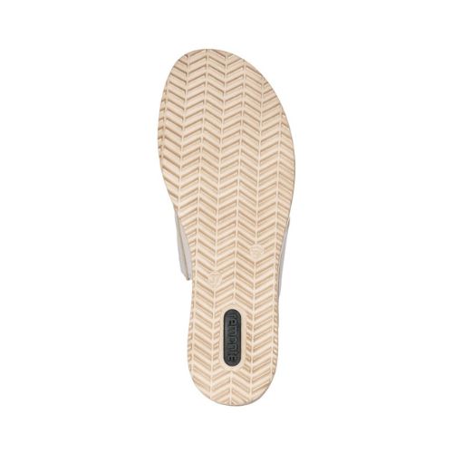 Bottom sole of beige Rieker D6456 women's slide wedge sandal, designed with anti-slip tread for secure walking.