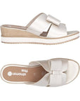 Side and top view of beige Rieker D6456 women's platform wedge sandal, featuring soft leather upper and ergonomic footbed.