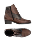 Side and top views of brown Women's Remonte D6882 ankle boots with zipper and lace-up design, blending function and style.