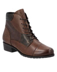 Women's Remonte D6882 lace-up leather boot in brown with dark accents, crafted for comfort and timeless fall fashion appeal.