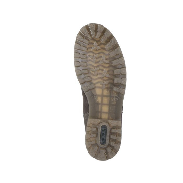 Outsole view of olive Women's Remonte D8472 Chelsea Boot with rugged tread and Remonte branding, designed for traction and durability.
